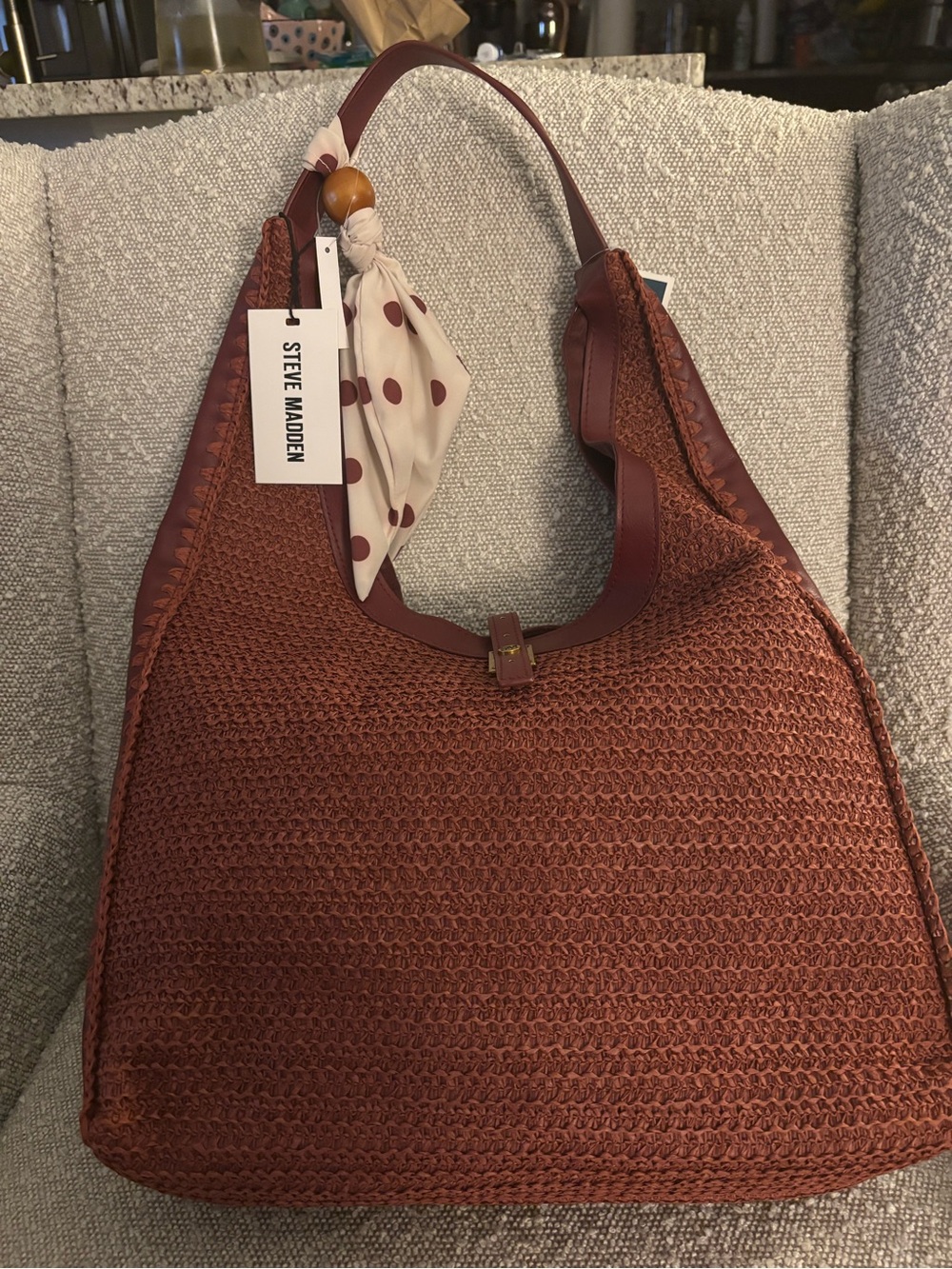 Steve Madden Rust Woven Hobo with Polka Dot Scarf Accent